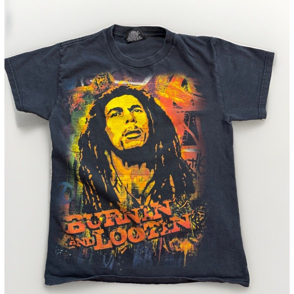 Vintage Y2K Zion Rootswear Bob Marley Burnin and Lootin Black Graphic Tee‎ Men S
